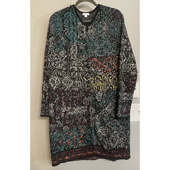 J. Jill‎ Cardigan Rainbow Long Duster Cotton Wool Blend Knit 3 Button Medium EUC - Picture 1 of 14